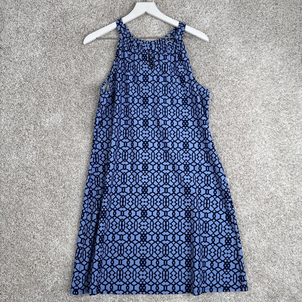 Jude Connally Halter Dress Women L Blue Coastal Mod Geometric Keyhole Resort